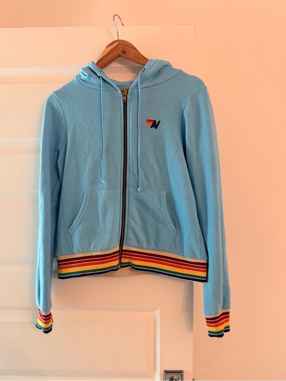 Aviator Nation Sky Blue Zip Hoodie with Rainbow Stripe Trim